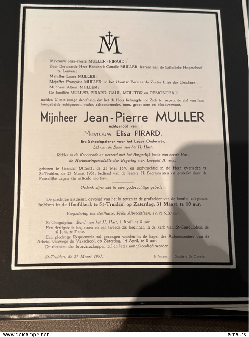 Jean-Pierre Muller Echtg Pirard Elisa *1870 Grendel Attert +1951 St.-Truiden Schoolopziener Lager Onderwijs Molitor Gaul - Esquela