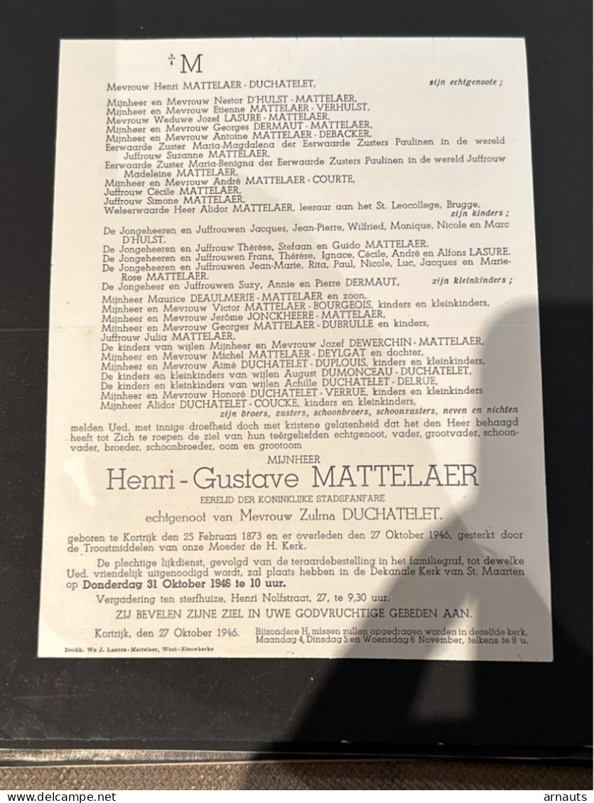 Henri-Gustave Mattelaer Echtg Duchatelet Zulma *1873 Kortrijk +_1946 Kortrijk Stadsfanfare Courte Lasure D’Hulst Delrue - Todesanzeige