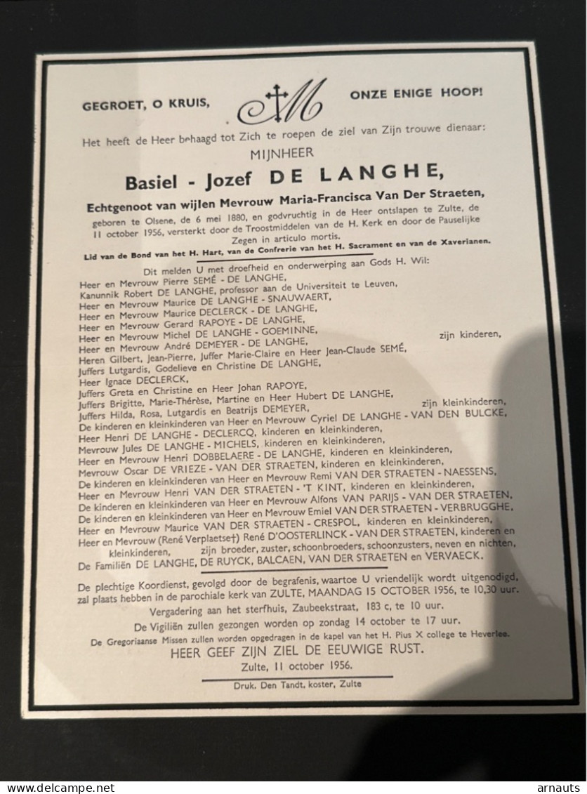 Basiel-Jozef De Langhe Echtg Van Der Straeten Maria-Francisca *1880 Olsene +1956 Zulte Rapoye Seme Balcaen D’Oosterlinck - Obituary Notices