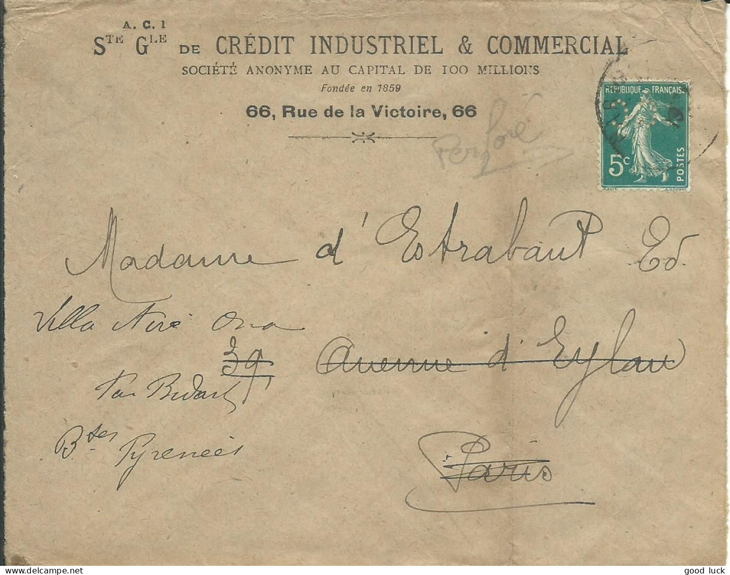 FRANCE LETTRE 5c PARIS POUR PARIS REDIRIGEE A BEDARS ( PYRENEES ATLANTIQUES )  LETTRE COVER - Cartas & Documentos