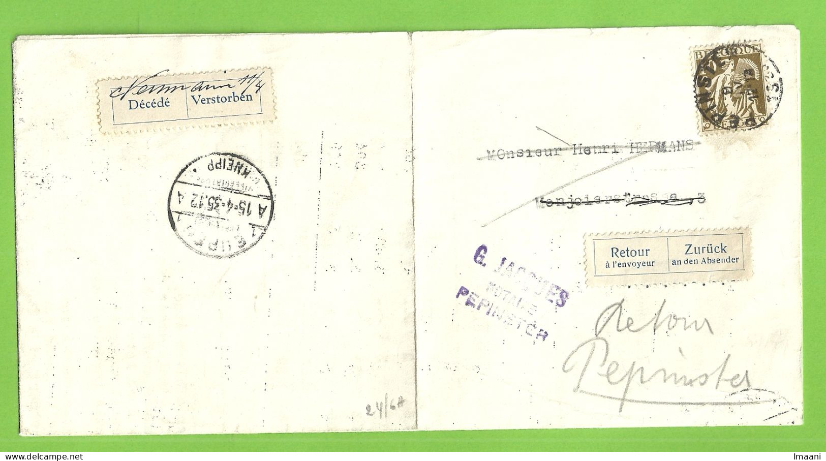 337 Op "Imprime" Stempel PEPINSTER Naar EUPEN, Strookje VERSTORBEN  !!!(Rare)+ ZURUCK AN DEN ABSENDER !!!!   (B1552) - OC55/105 Eupen & Malmédy