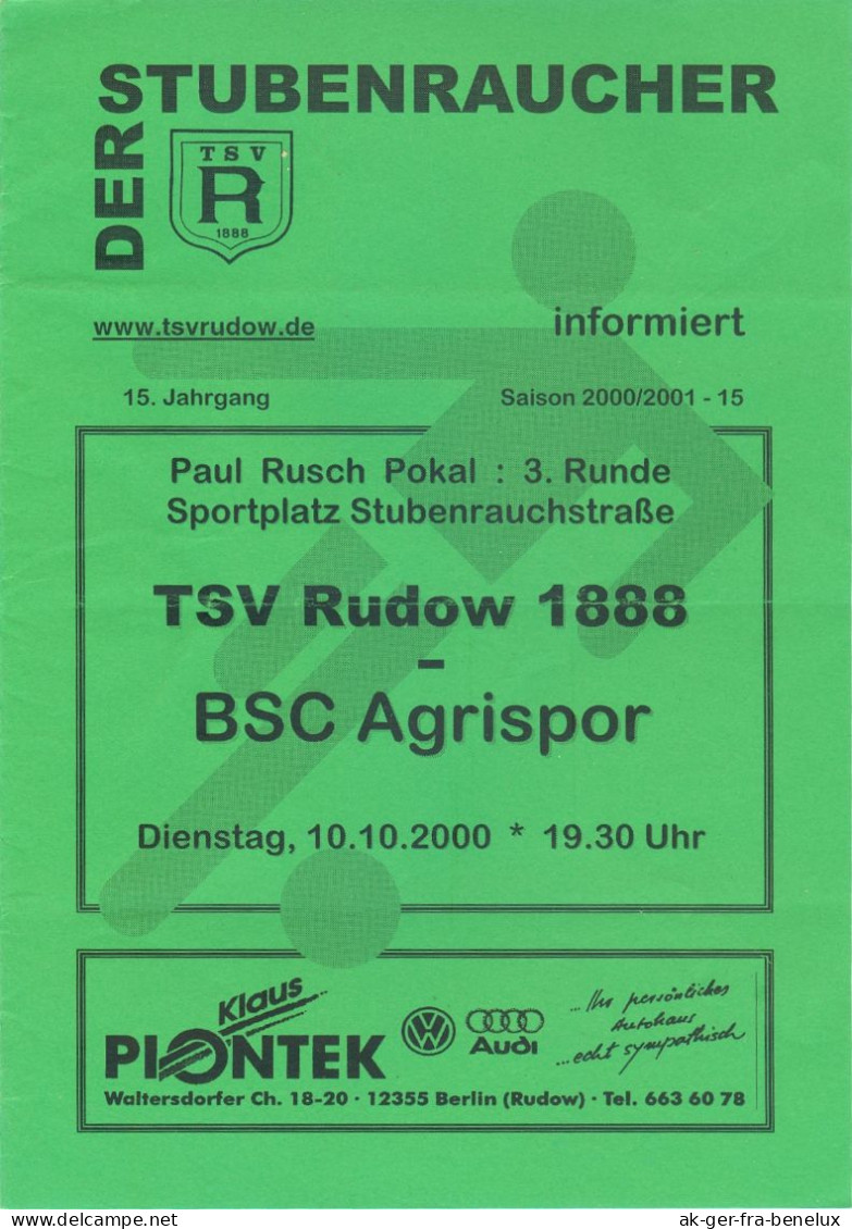 Fußball-Programm PRG Pokal TSV Rudow 1888 Vs BSC Agrispor 10. 10. 2000 Berlin-Neukölln Kreuzberg Der Stubenraucher Cup - Programmes