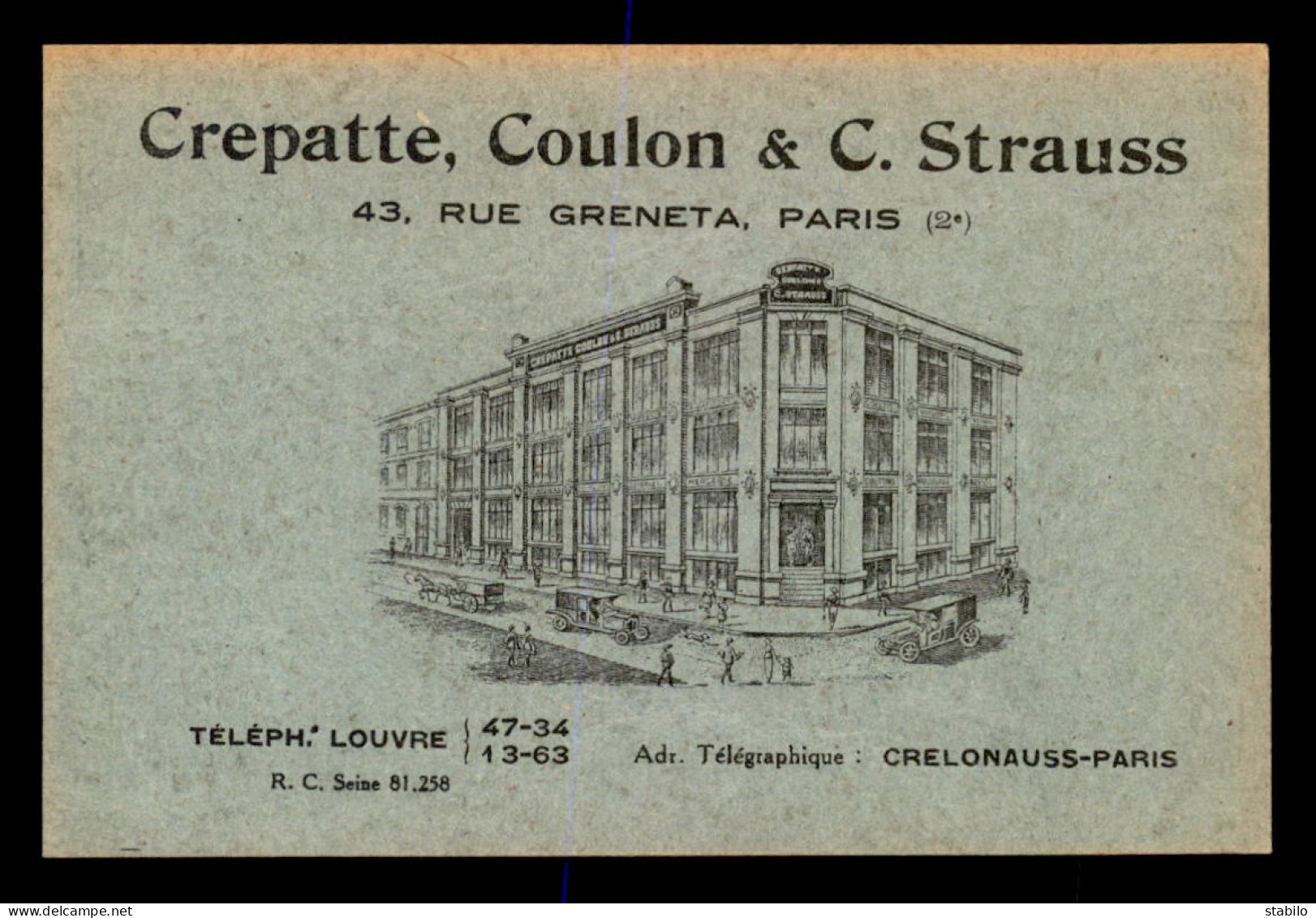 75 - PARIS 2EME - CREPATTE, COULON & C. STRAUSS, 43 RUE GRENETA - CARTE DE SERVICE - Arrondissement: 02