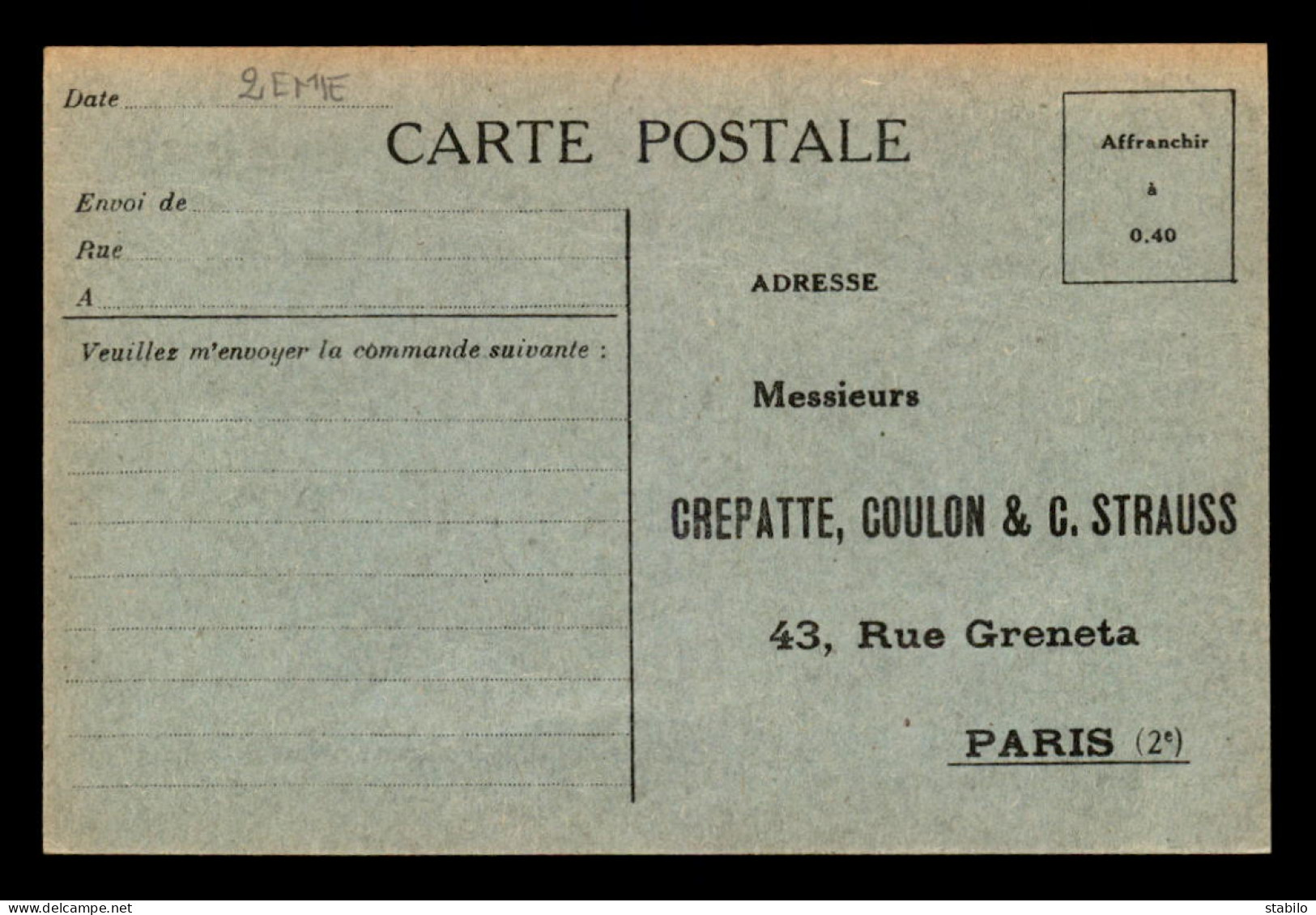 75 - PARIS 2EME - CREPATTE, COULON & C. STRAUSS, 43 RUE GRENETA - CARTE DE SERVICE - Arrondissement: 02