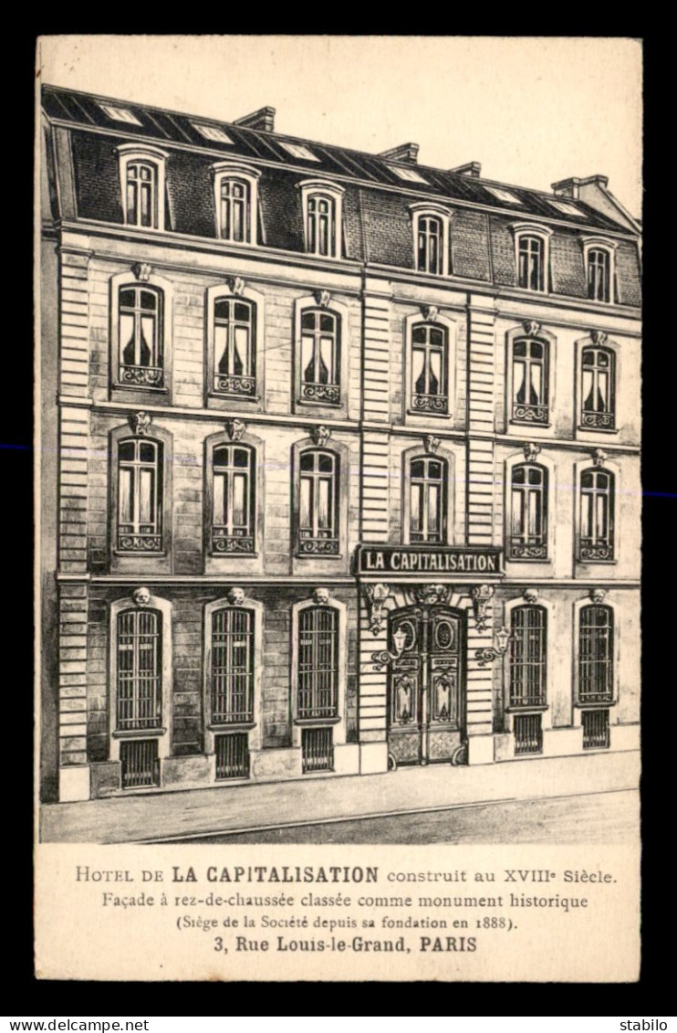 75 - PARIS 2EME - HOTEL DE LA CAPITALISATION, 3 RUE LOUIS LE-GRAND - CARTE ILLUSTREE - Arrondissement: 02