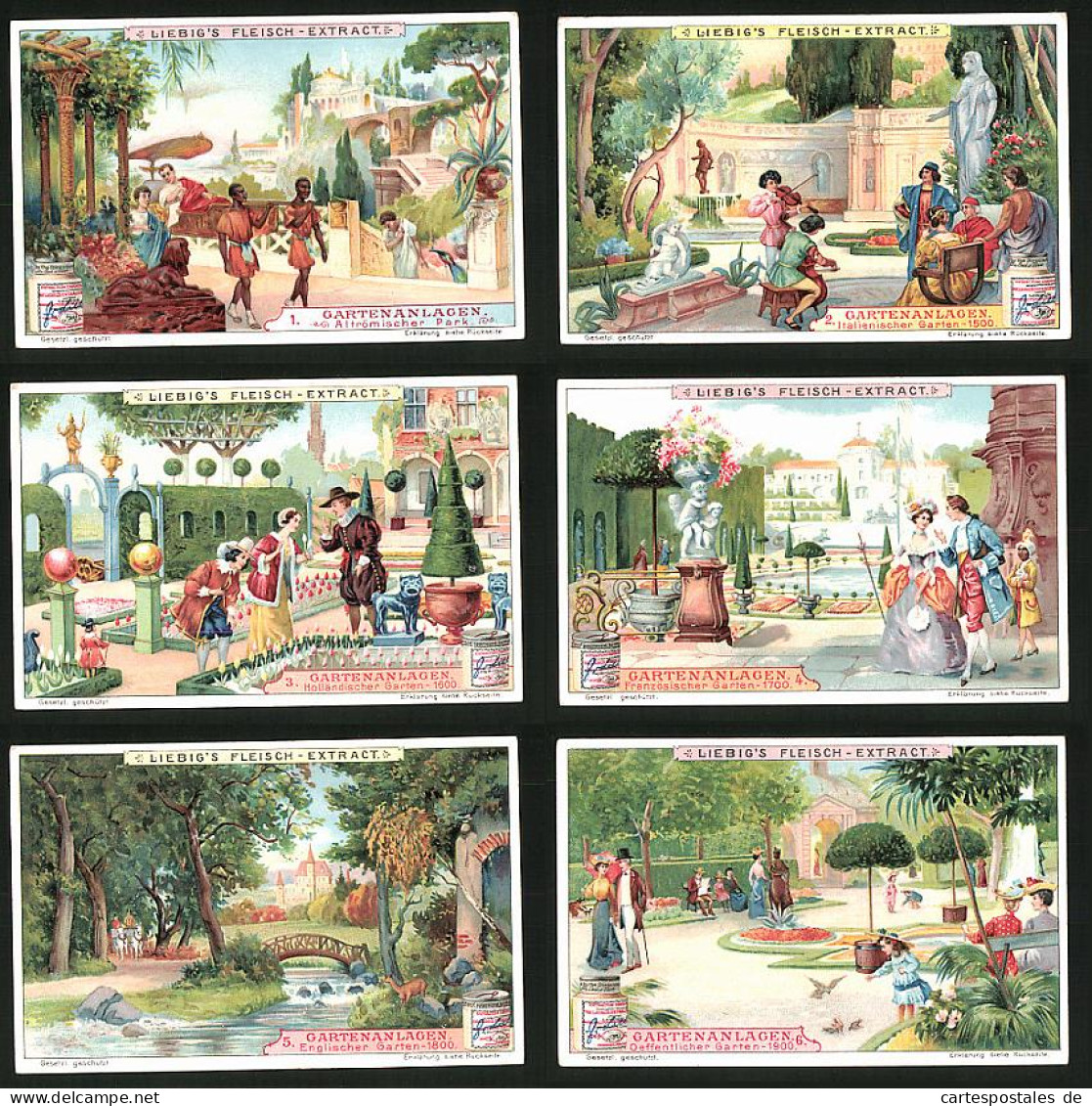 6 Sammelbilder Liebig, Serie Nr.: 852, Gartenanlagen, Öffentlicher, Englischer, Französischer, Holländischer, Römi  - Liebig