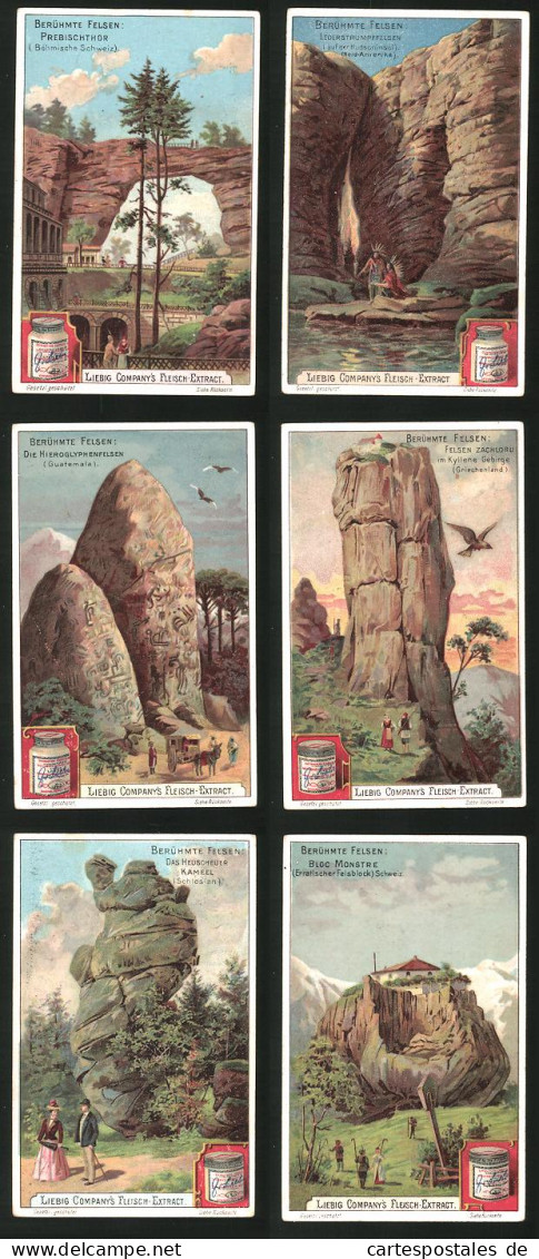 6 Sammelbilder Liebig, Serie Nr.: 710, Berühmte Felsen, Schweiz, Schlesien, Griechenland, Guatemala, Böhmische Schwe  - Liebig