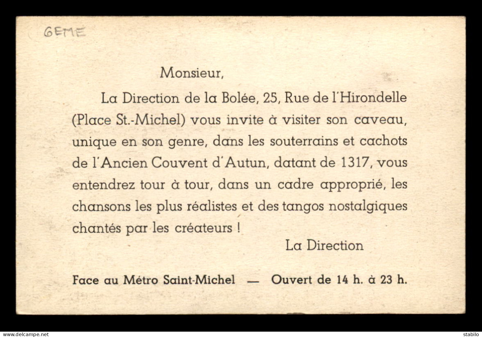 75 - PARIS 6EME - CAVEAU DE LA BOLEE, 25 RUE DE L'HIRONDELLE, PLACE ST-MICHEL - LE CABARET - CARTE DE SERVICE - Arrondissement: 06