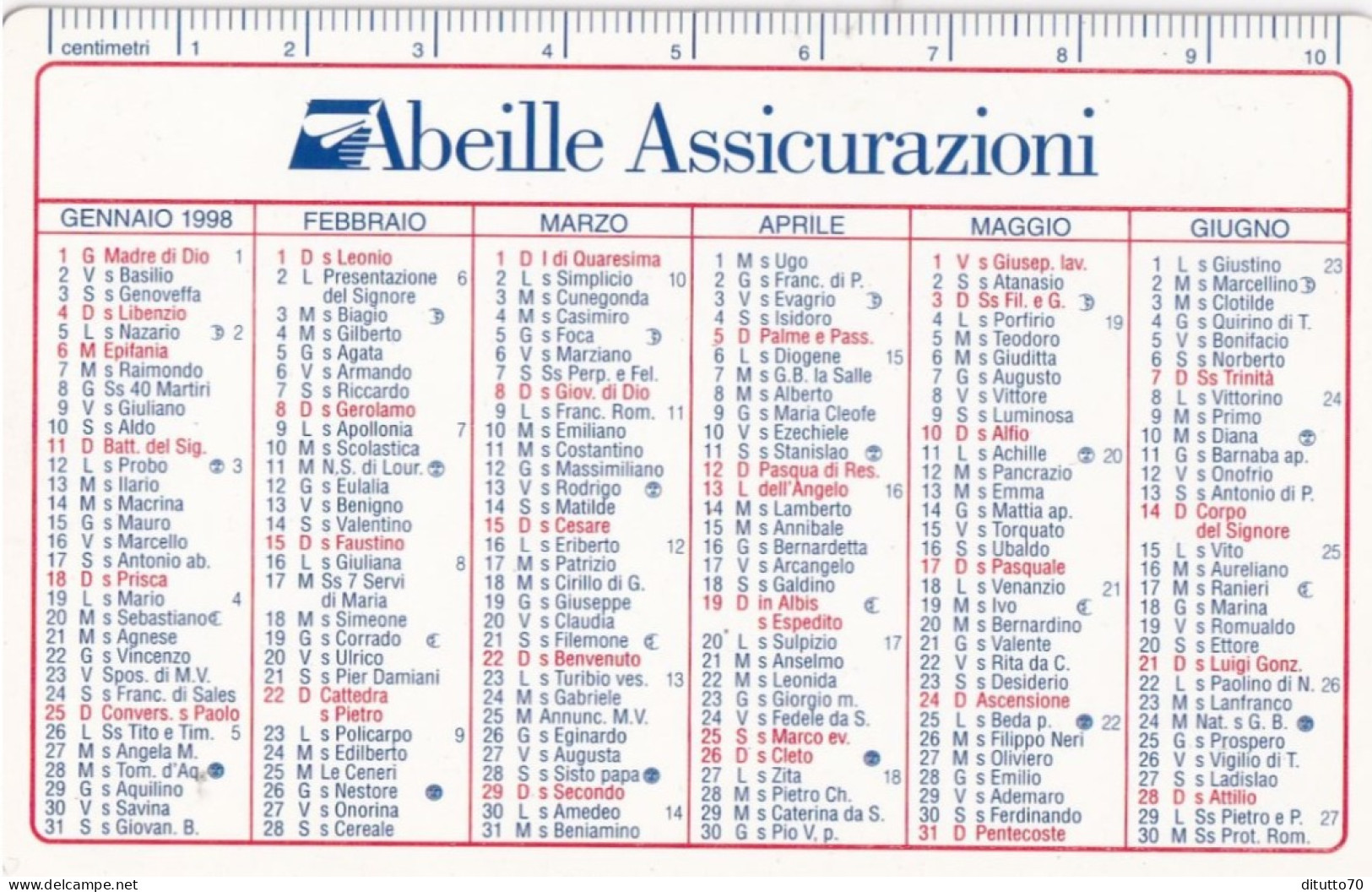 Calendarietto - Abeille Assicurazioni - Anno 1998 - Formato Piccolo : 1991-00