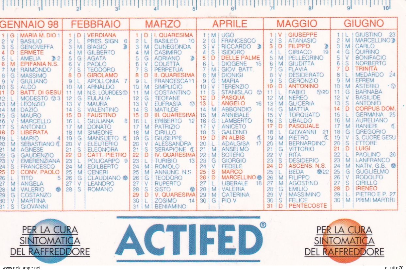 Calendarietto - ACTIFED - Anno 1998 - Formato Piccolo : 1991-00