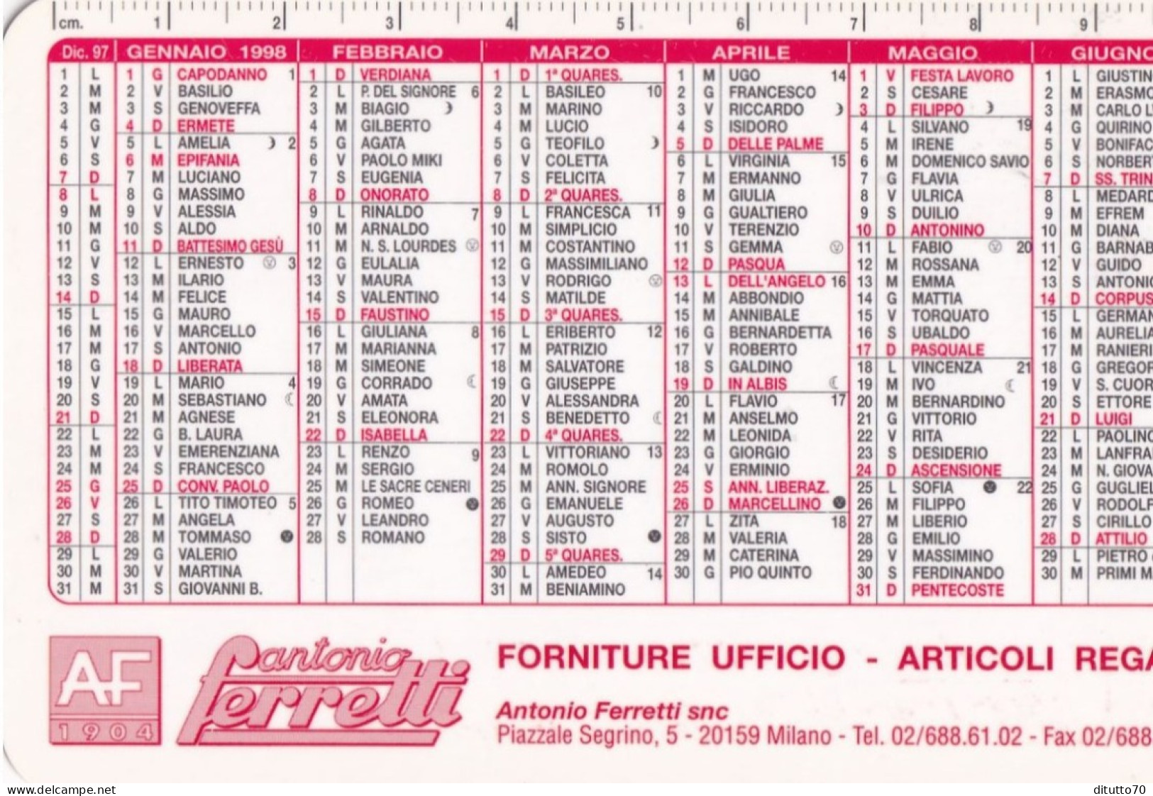 Calendarietto - AF - Antonio Ferretti - Forniture Ufficio - Milano - Anno 1998 - Formato Piccolo : 1991-00