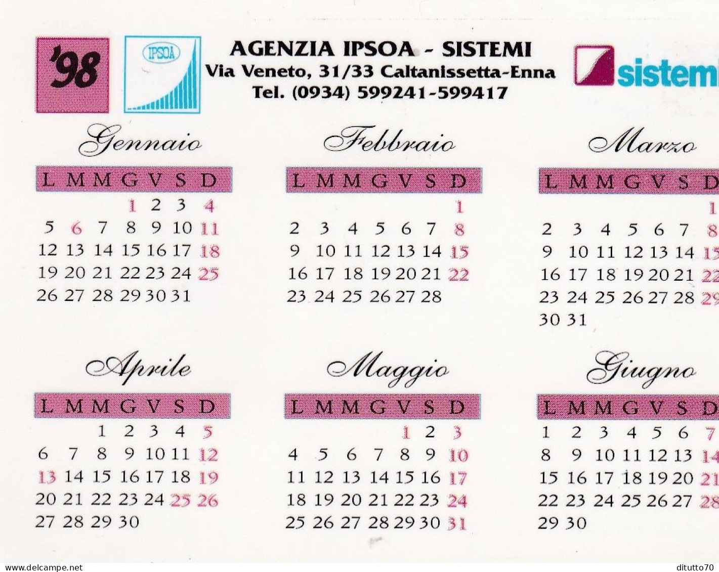 Calendarietto - Agenzia Ipsoa - Sistemi - Caltanisetta - Enna - Anno 1998 - Formato Piccolo : 1991-00