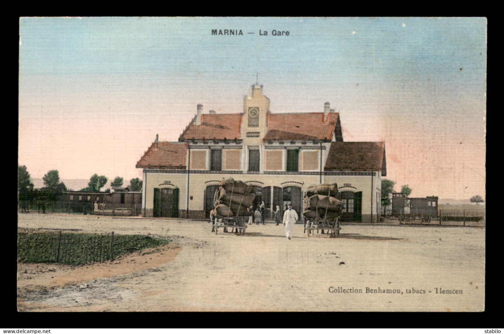 ALGERIE - MARNIA - LA GARE DE CHEMIN DE FER - DILIGENCES - CARTE TOILEE ET COLORISEE - Altri & Non Classificati