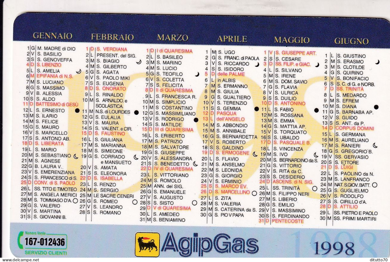 Calendarietto - AGIP - Gas - Anno 1998 - Petit Format : 1991-00