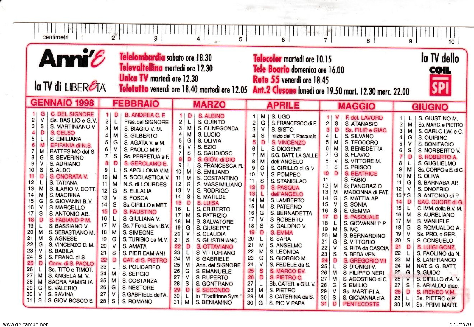 Calendarietto - Anni'e - La Tv Di Libertà - Anno 1998 - Small : 1991-00