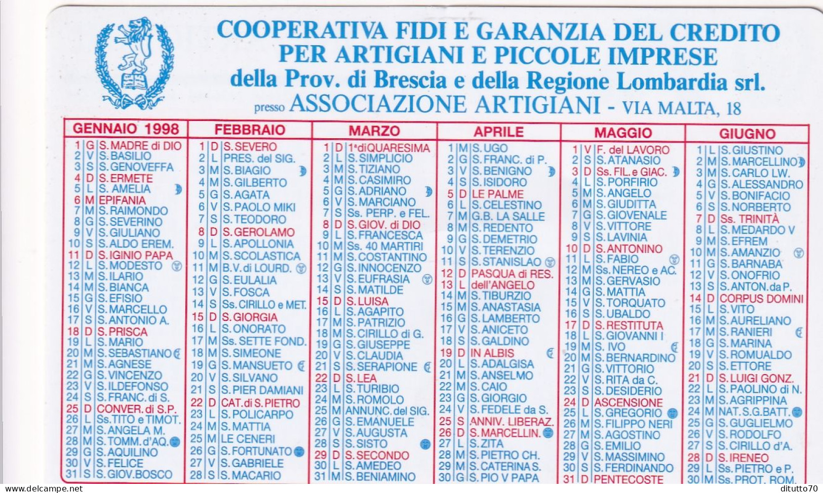 Calendarietto - Associazione Artigiani - Anno 1998 - Tamaño Pequeño : 1991-00
