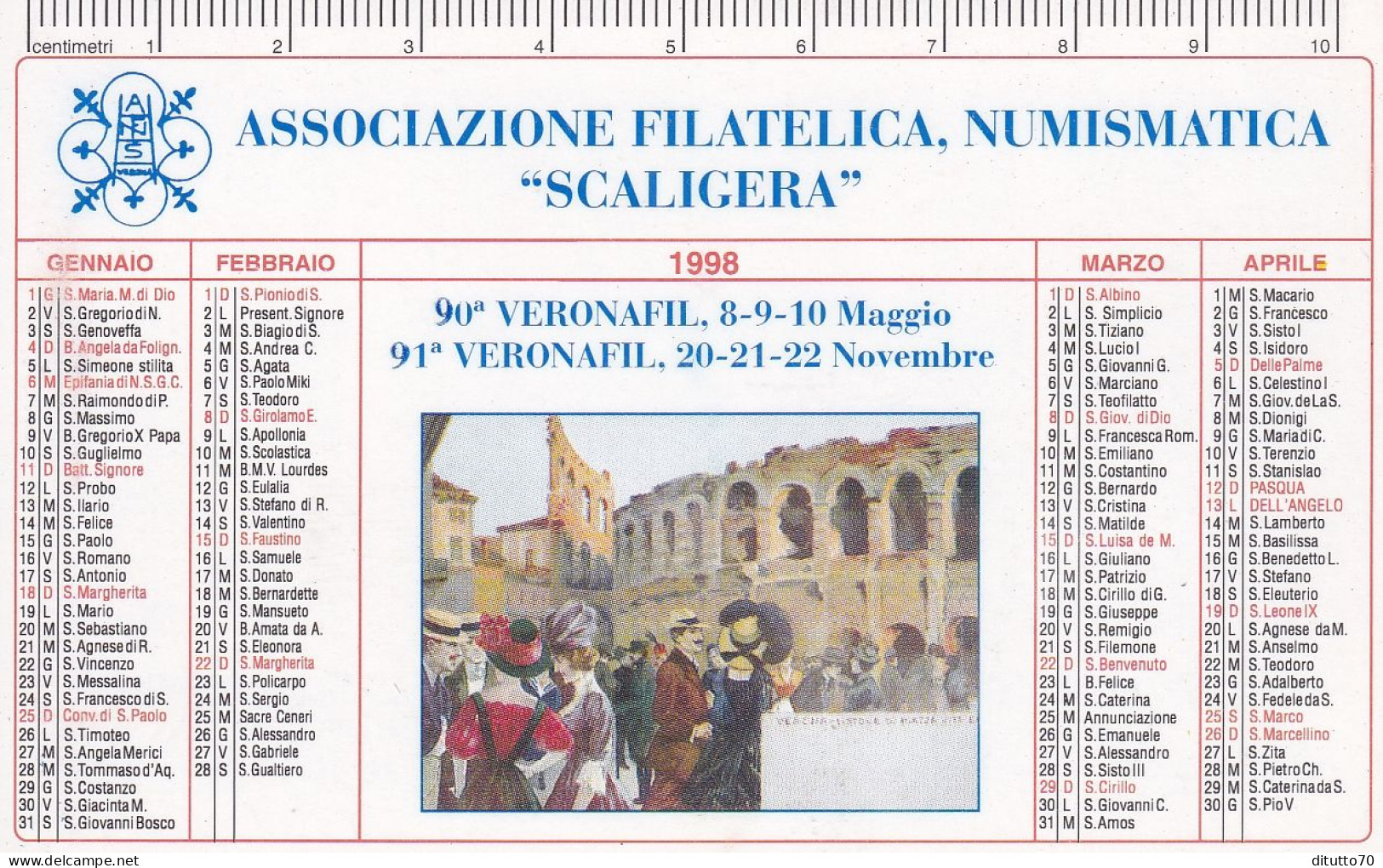 Calendarietto - Associazione Filatelica - Numismatica - Scaligera - Anno 1998 - Tamaño Pequeño : 1991-00