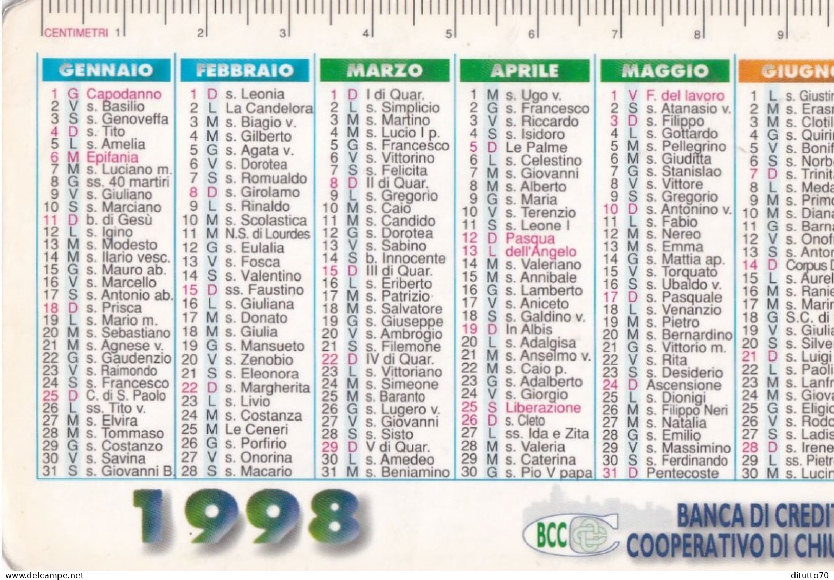 Calendarietto - Banca Di Credito Cooperativo Di Chiusy - Anno 1998 - Petit Format : 1991-00