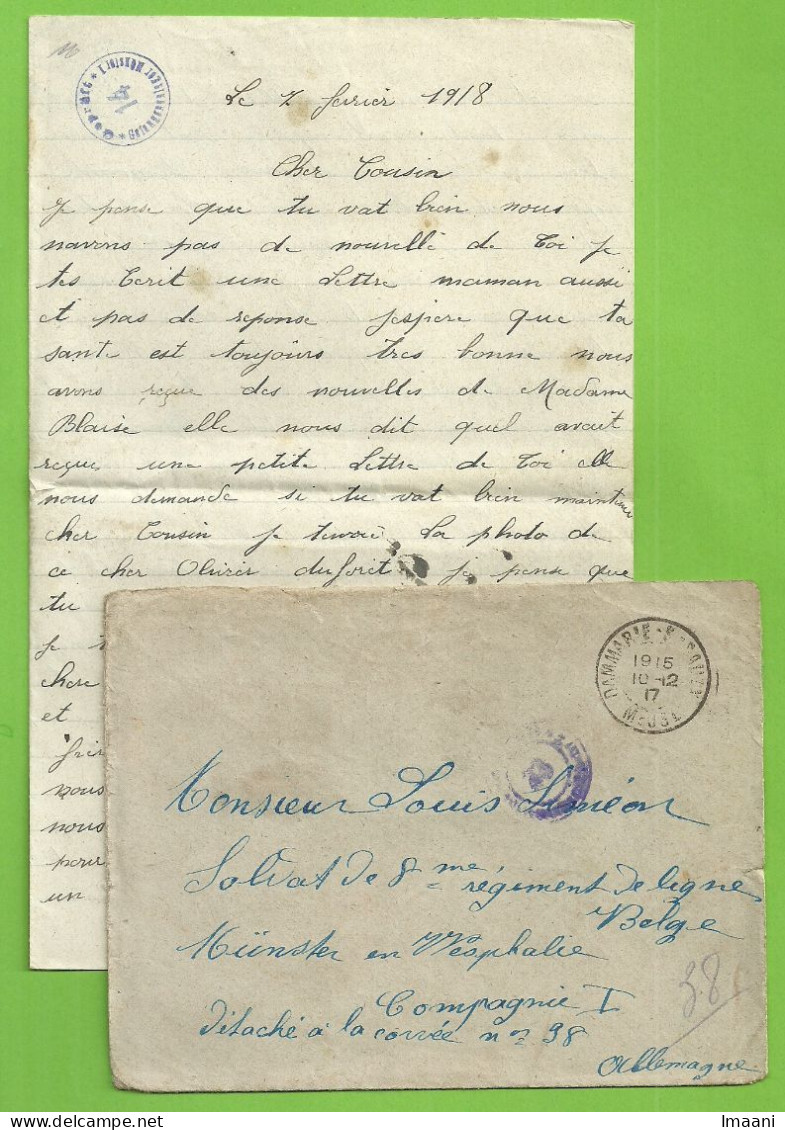 Brief Stempel DAMMARIE-SUR-SAULX Op 10/12/17 Naar "Soldat Belge" A MUNSTER (met Inhoud) (B1696 - Esercito Belga