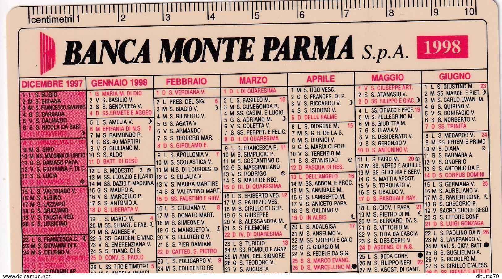 Calendarietto - Banca Monte Parma - Anno 1998 - Formato Piccolo : 1991-00