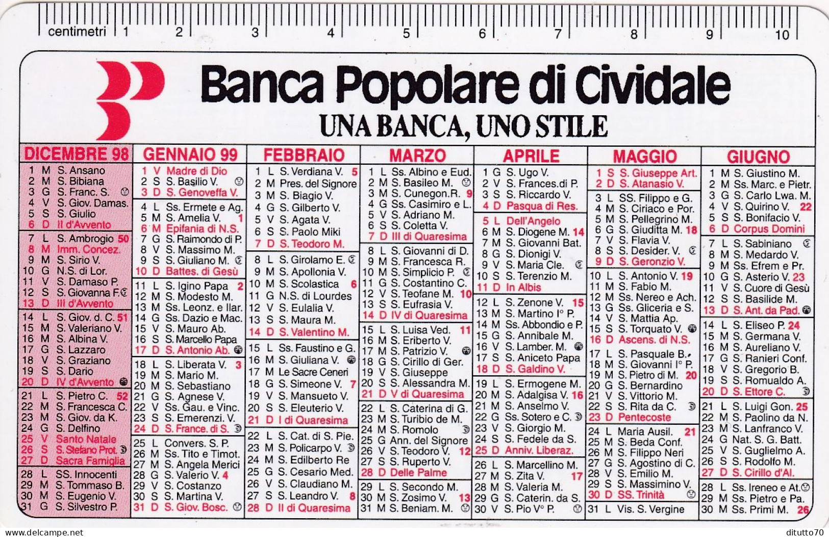 Calendarietto - Banca Popolare Di Cividale - Anno 1998 - Kleinformat : 1991-00