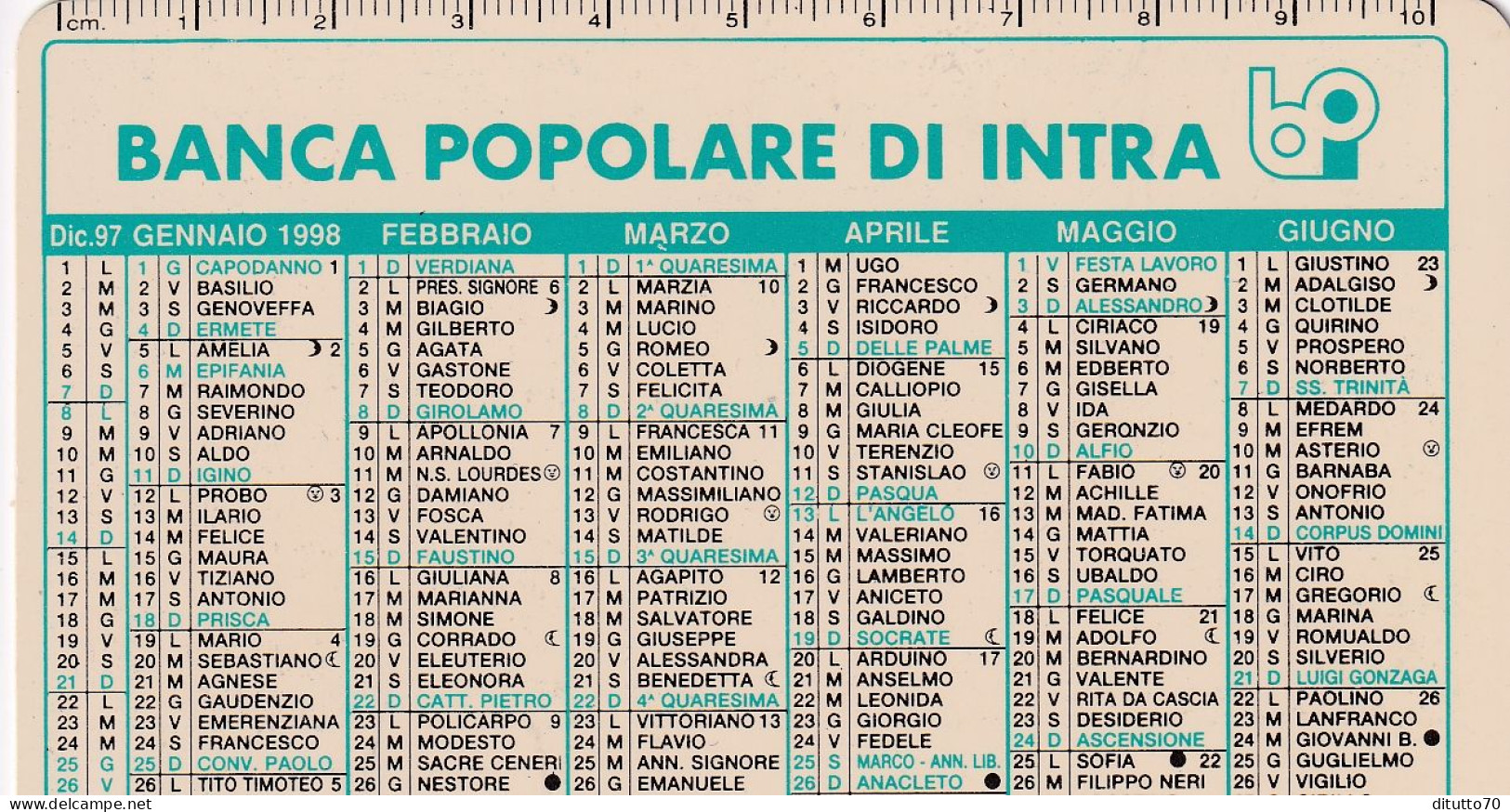 Calendarietto - Banca Popolare Di Intra - Anno 1998 - Tamaño Pequeño : 1991-00