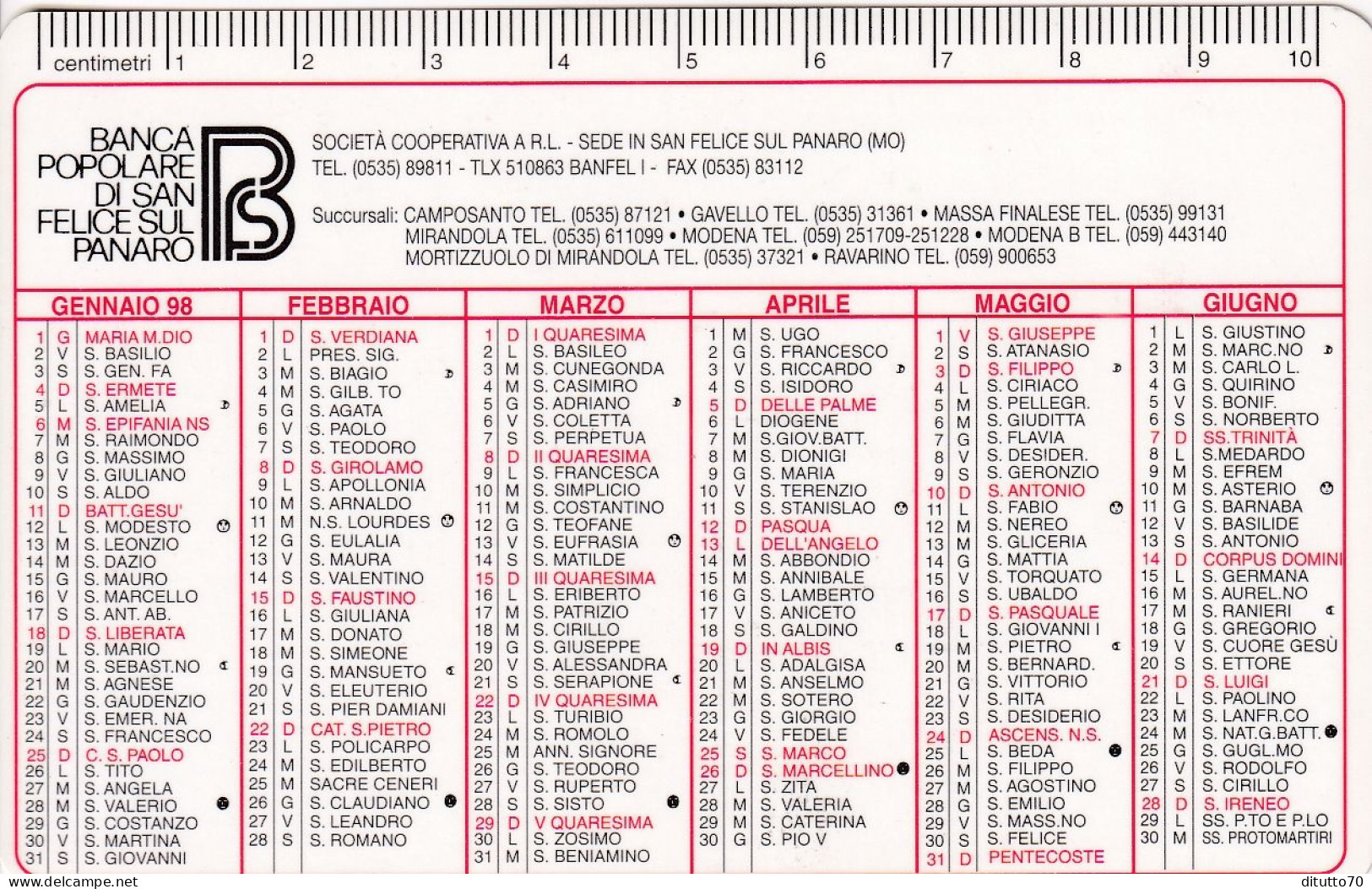 Calendarietto - Banca Popolare Di San Felice Sul Panaro - Anno 1998 - Petit Format : 1991-00