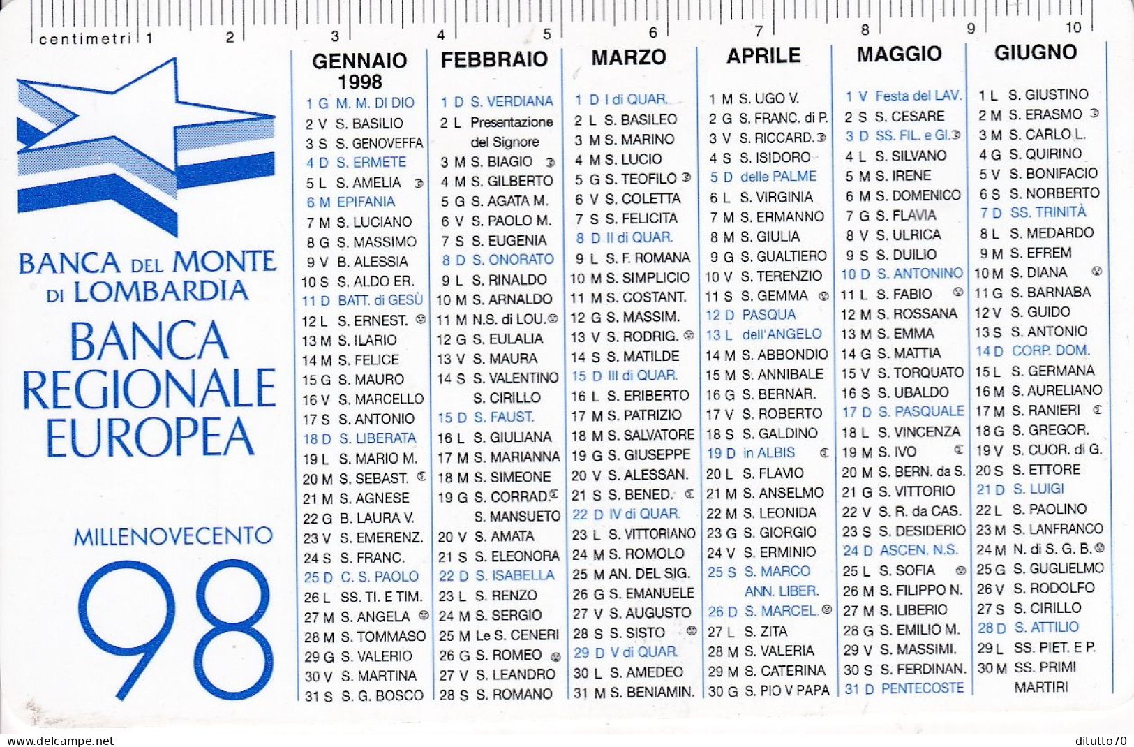 Calendarietto - Banca Regionale Europea - Anno 1998 - Formato Piccolo : 1991-00