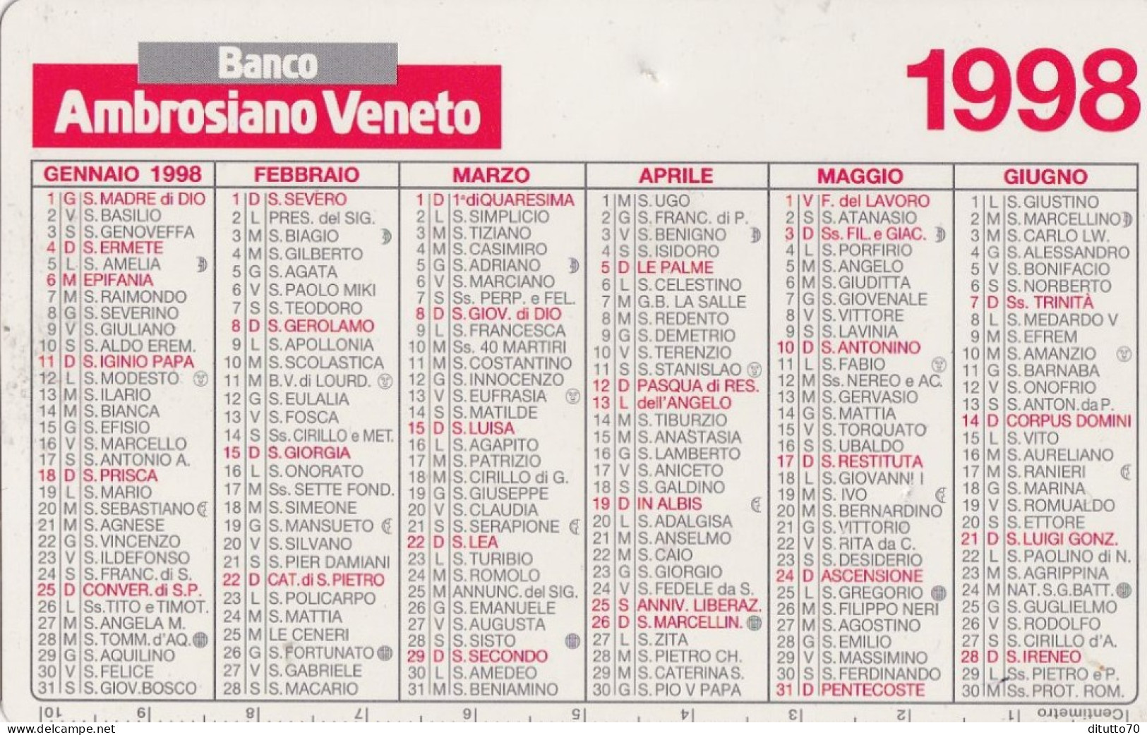 Calendarietto - Banco Ambrosiano Veneto - Anno 1998 - Tamaño Pequeño : 1991-00