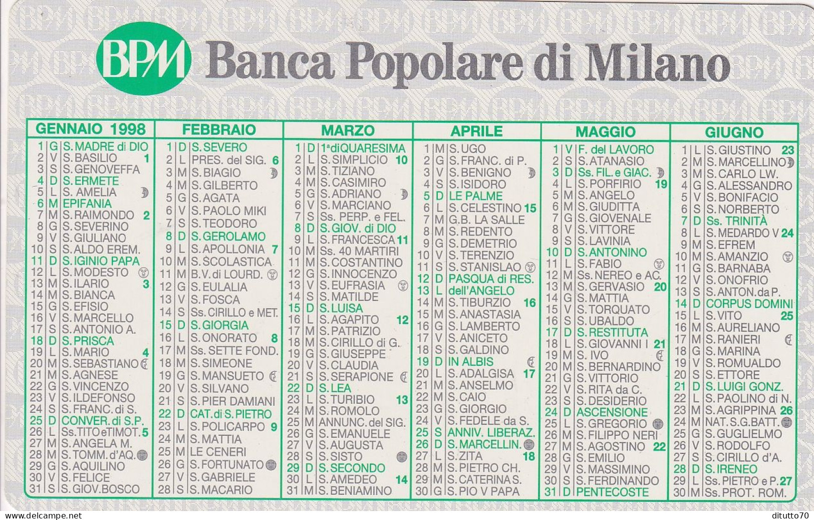 Calendarietto - BPM - Banca Popolare Di Milano - Anno 1998 - Tamaño Pequeño : 1991-00