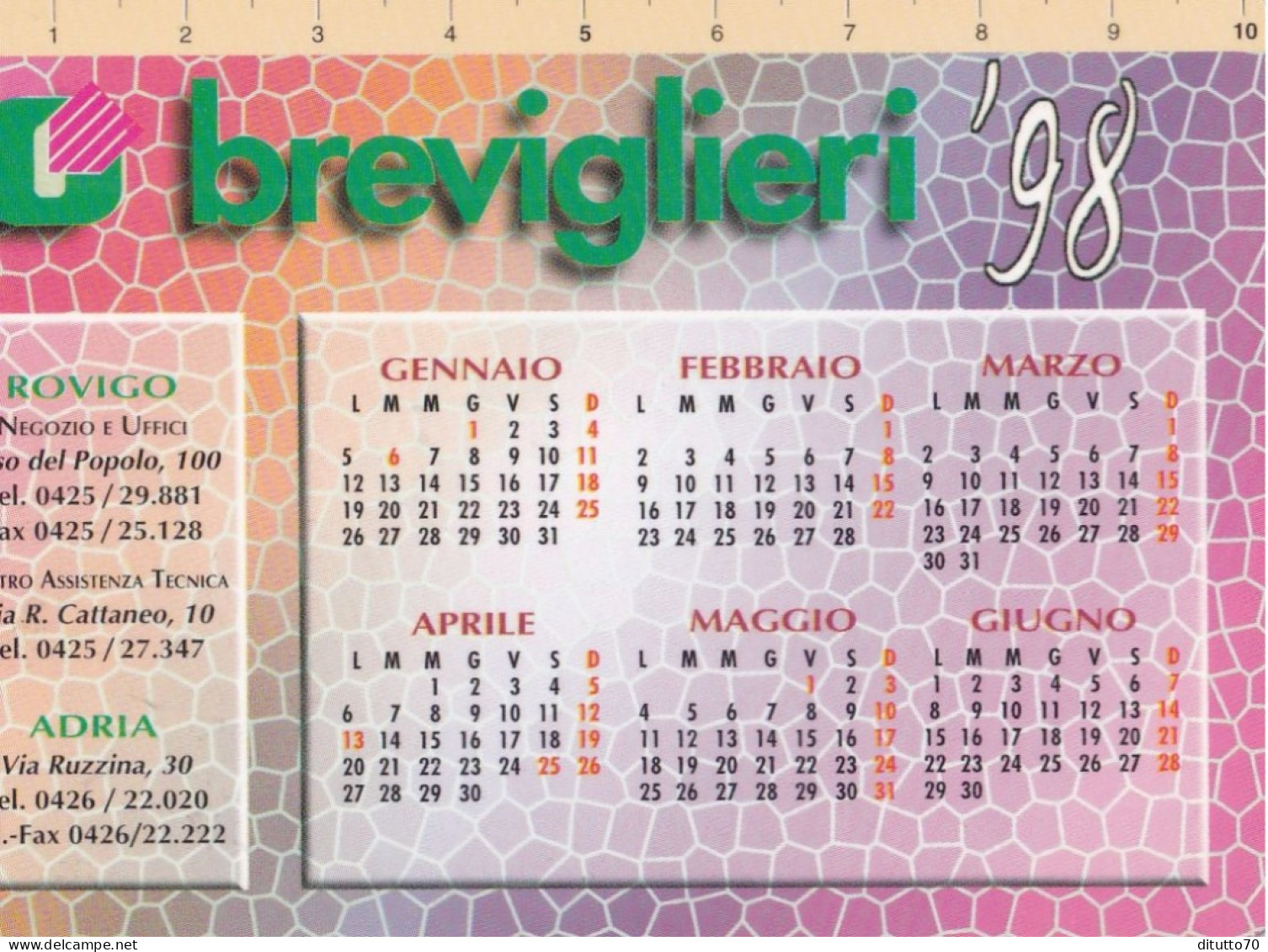Calendarietto - Breviglieri - Anno 1998 - Petit Format : 1991-00