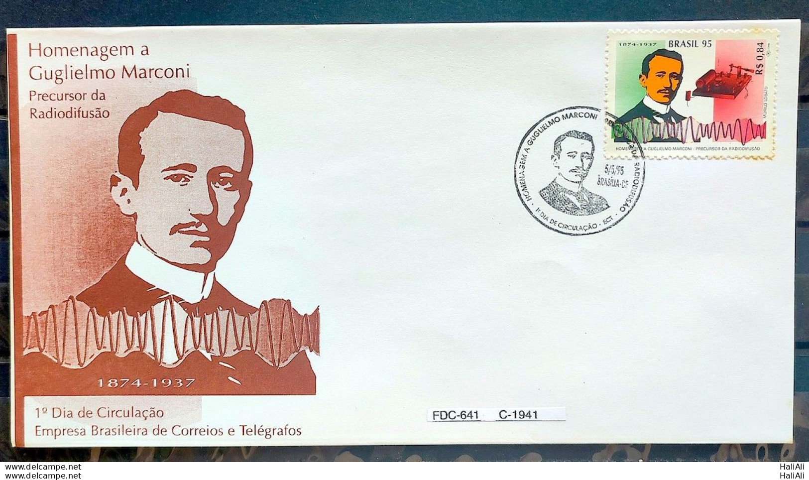 Envelope FDC 641 1995 GULHIERMOR MARCONI Italy SCIENCE COMMUNICATION CBC BRASILIA 2 - FDC