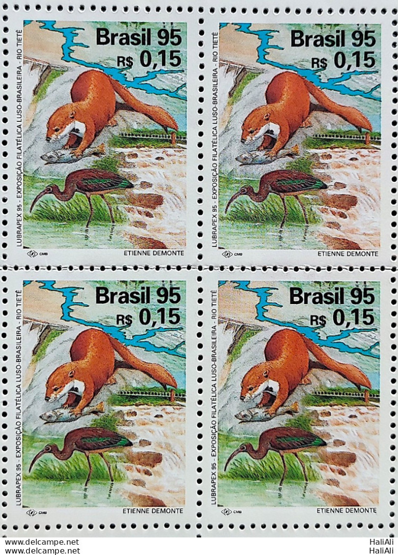 C 1963 BRAZIL STAMP LUBRAPEX BIRD FISH TIETE 1995 Block Of 4 - Nuevos