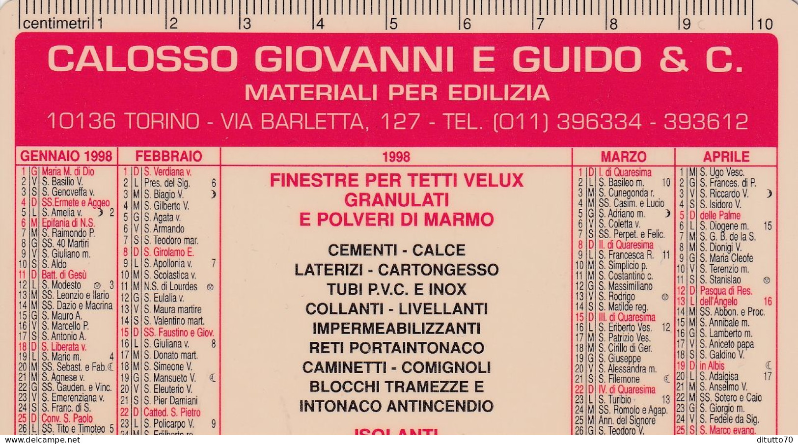 Calendarietto - Calosso Giovanni E Guido E C. - Materiale Edilizio - Torino - Anno 1998 - Small : 1991-00