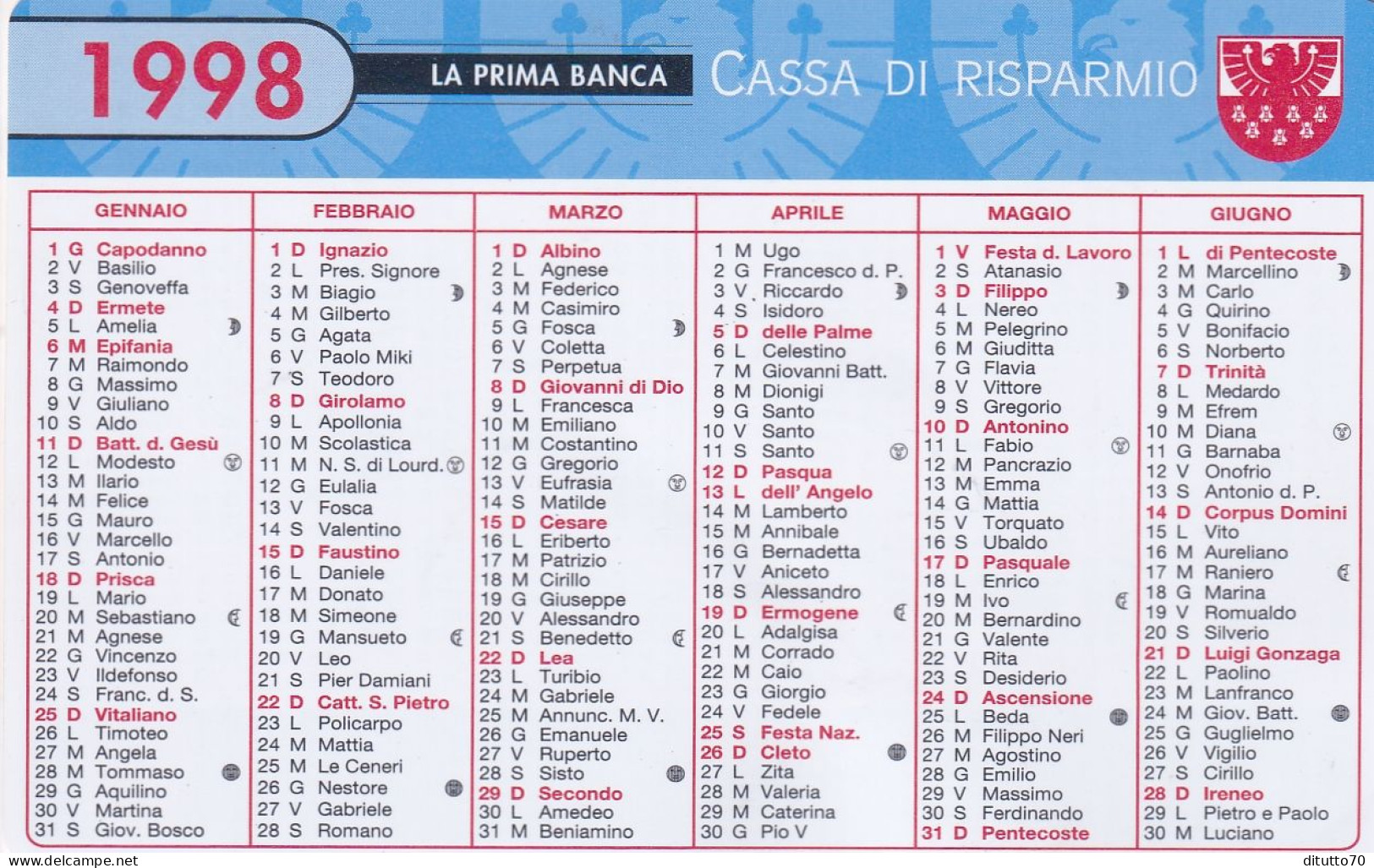 Calendarietto - Cassa Di Risparmio - Anno 1998 - Tamaño Pequeño : 1991-00