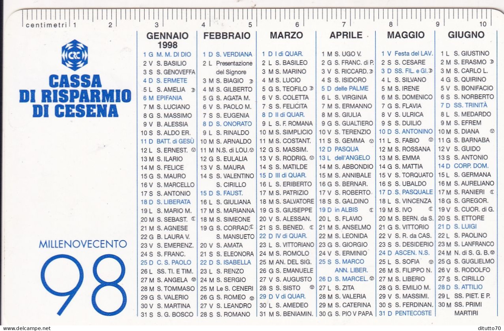 Calendarietto - Cassa Di Risparmio Di Cesena - Anno 1998 - Formato Piccolo : 1991-00