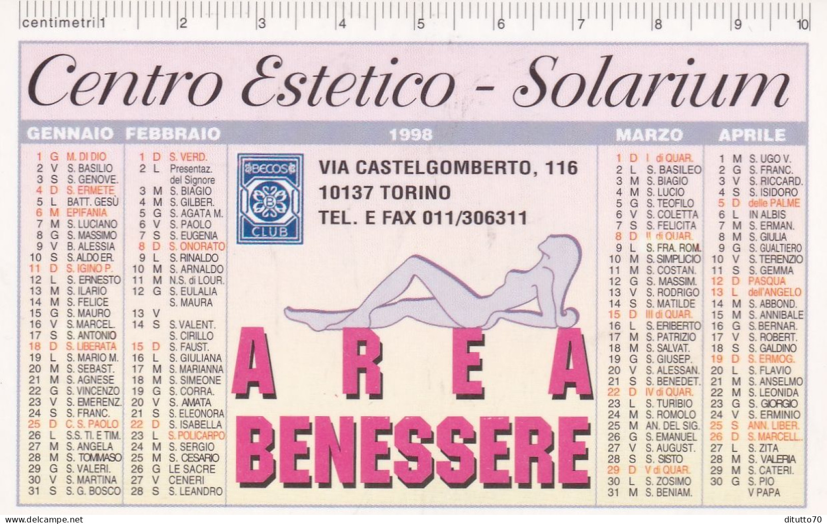 Calendarietto - Centro Estetico - Solarium - Torino - Anno 1998 - Tamaño Pequeño : 1991-00