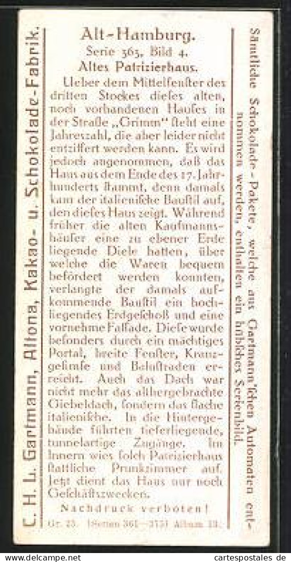Sammelbild Gartmann-Chocolade, Alt-Hamburg, Altes Patrizierhaus  - Other & Unclassified