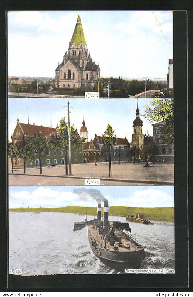 AK Riesa A. D. Elbe, Kirche, Strassenpartie, Schleppdampfer Auf Der Elbe  - Riesa