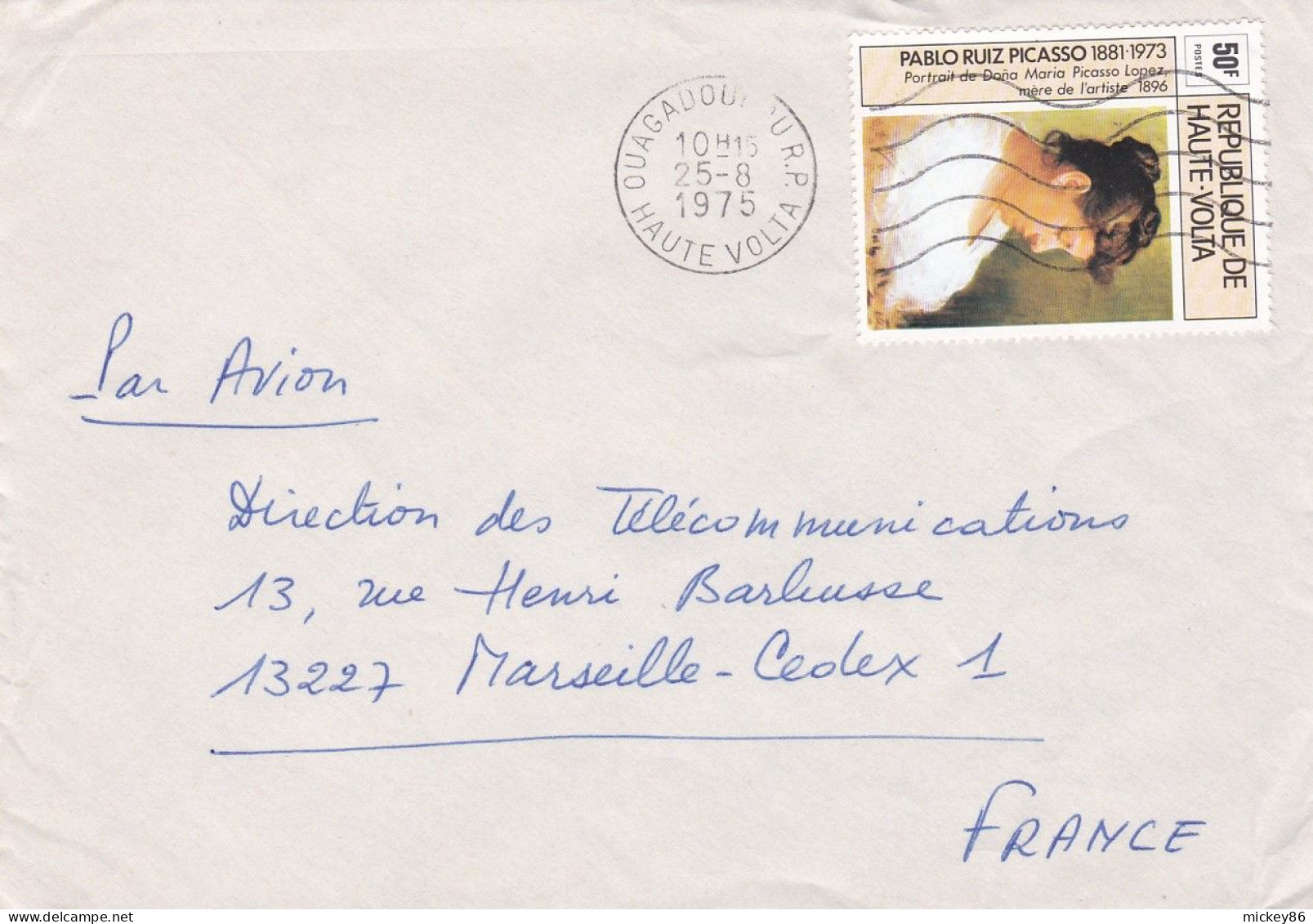 HAUTE-VOLTA -1975 -lettre OUAGADOUGOU  à MARSEILLE -13 (France )..timbre Pablo PICASSO Seul Sur Lettre,  Cachet - Haute-Volta (1958-1984)