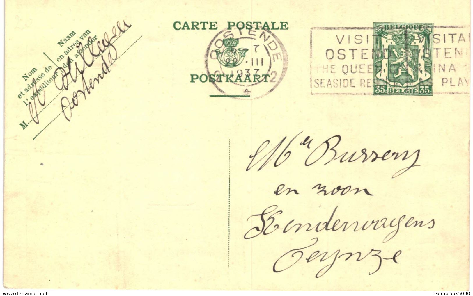 (L01) Entier Postal écrite D'Oostende Vers Deynze - Cartes Postales 1934-1951