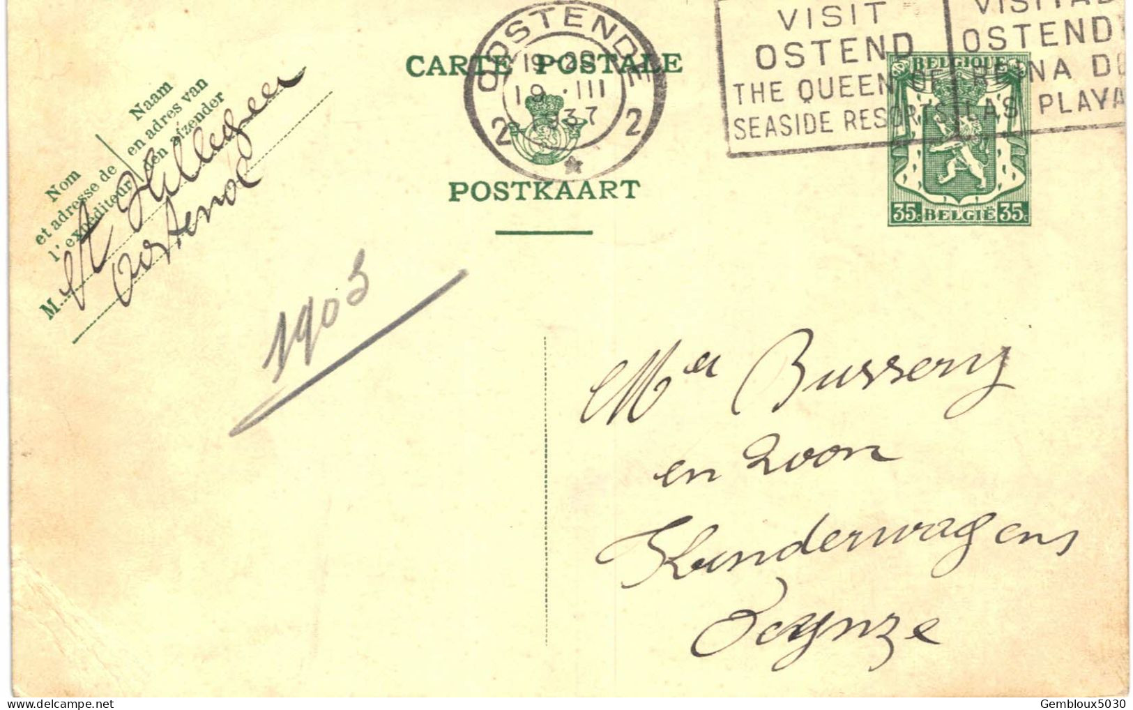 (L01) Entier Postal écrite D'Oostende Vers Deynze - Cartoline 1934-1951