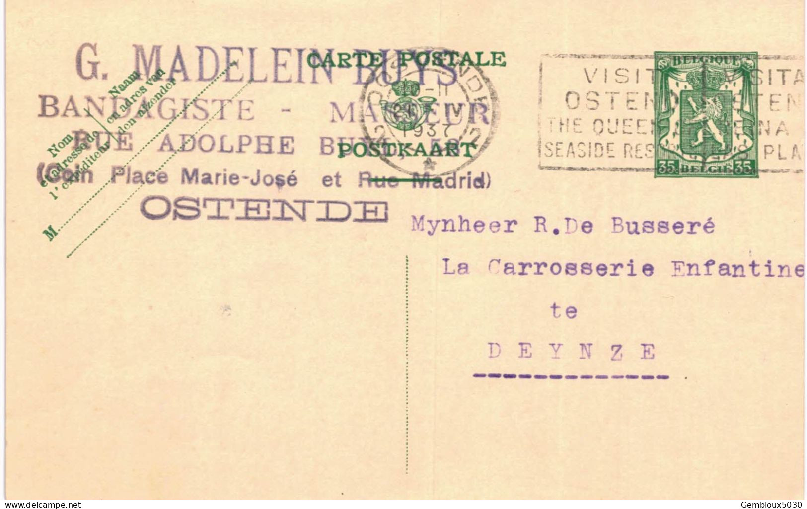 (L01) Entier Postal écrite D'Oostende Vers Deynze - Cartes Postales 1934-1951