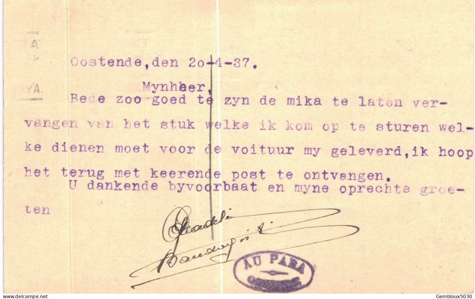 (L01) Entier Postal écrite D'Oostende Vers Deynze - Postkarten 1934-1951