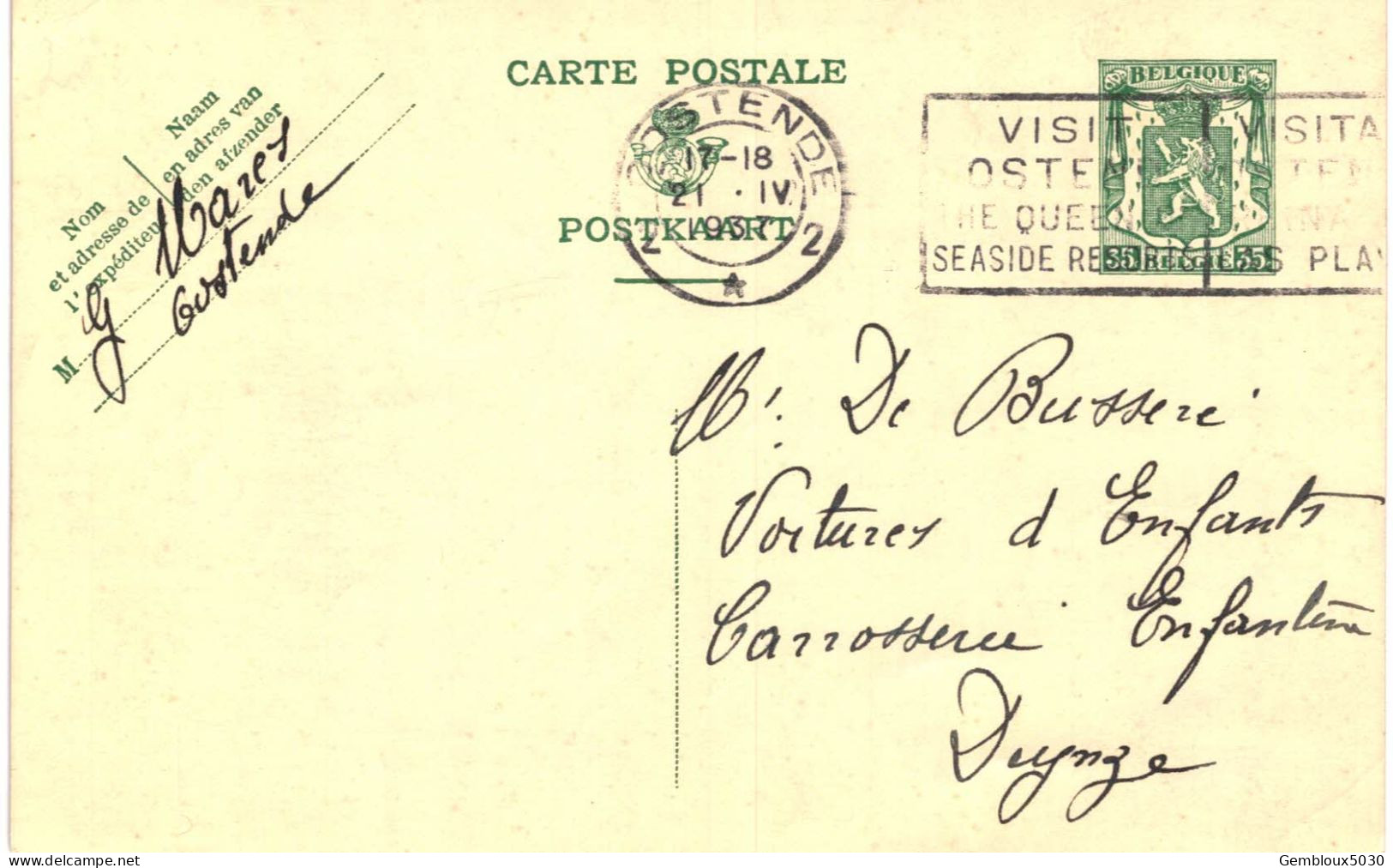 (L01) Entier Postal écrite D'Oostende Vers Deynze - Cartes Postales 1934-1951