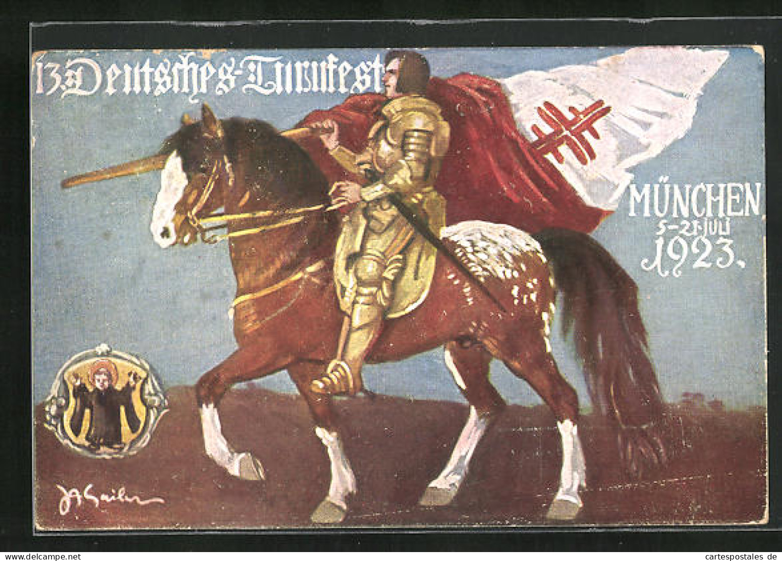 AK München, 13. Deutsches Turnfest 1923, Reiter Mit Fahner, Münchener Kindl  - Sonstige & Ohne Zuordnung