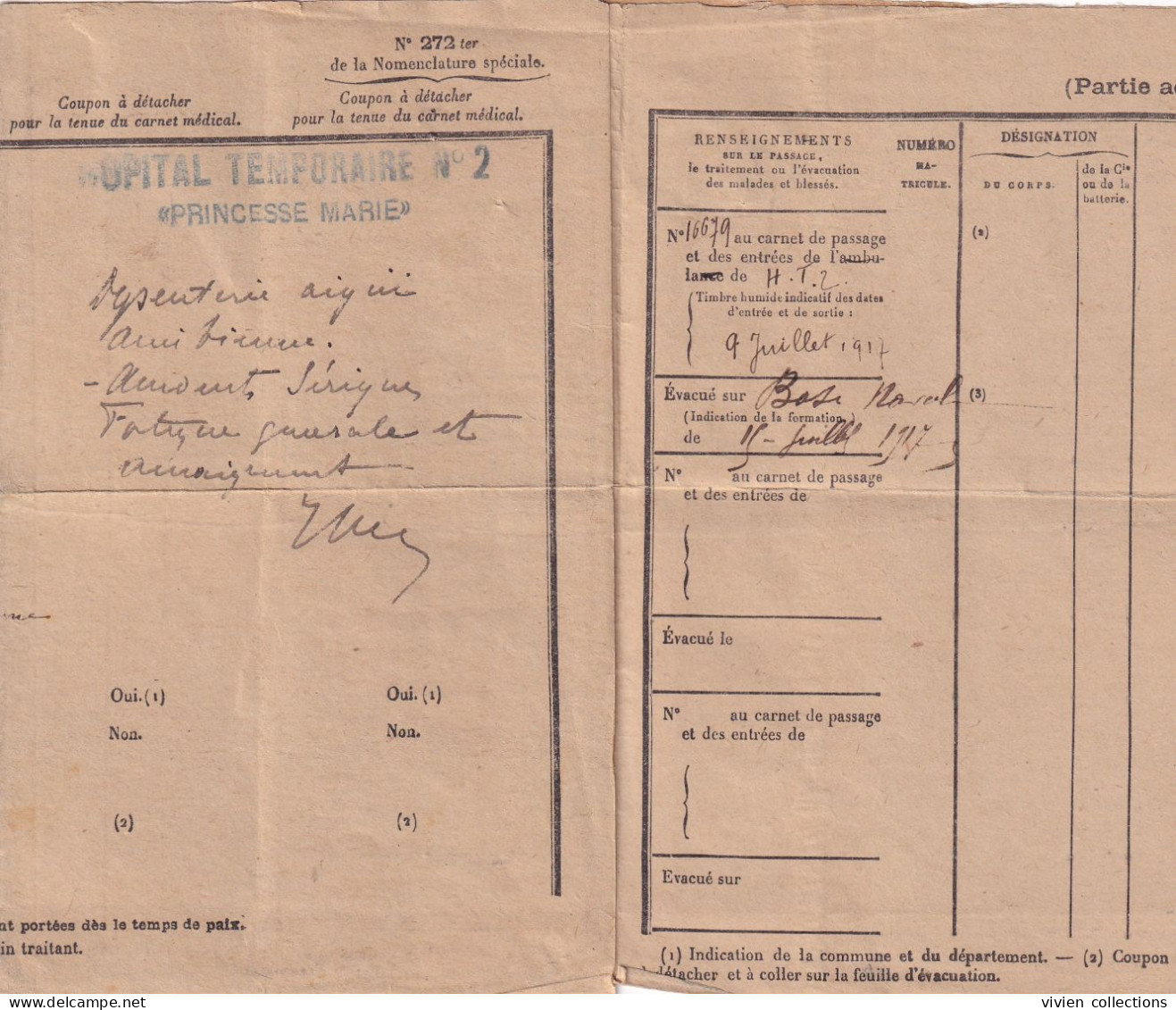 Armée D'Orient Hôpital Temporaire N° 2 Princesse Marie En 1917 Chirurgien évacué Base Naval Pour Dysenterie Aigüe... - Guerre De 1914-18