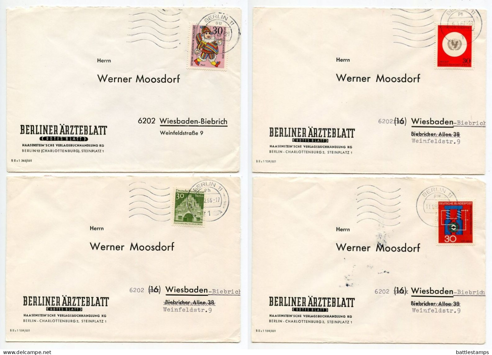 Germany, Berlin 1960'-1970's 4 Covers To Wiesbaden-Biebrich With Mix Of Stamps And CDS Machine Cancels - Briefe U. Dokumente