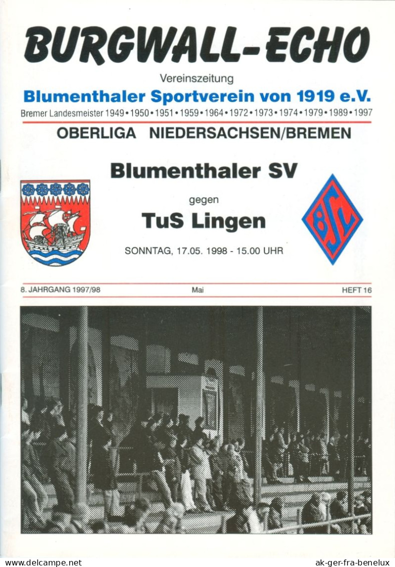 Fußball-Programm PRG Blumenthaler SV - TuS Lingen 1910 Ems 17. 5. 1998 Bremen-Blumenthal Reuschberge Emsland Football - Programme