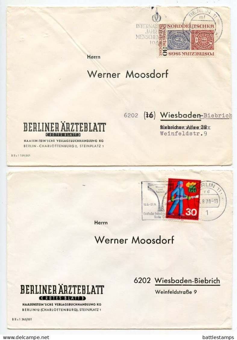 Germany, Berlin 1960'-1980's 16 Covers to Wiesbaden with Mix of West German Stamps & CDS Machine Cancels with Slogans